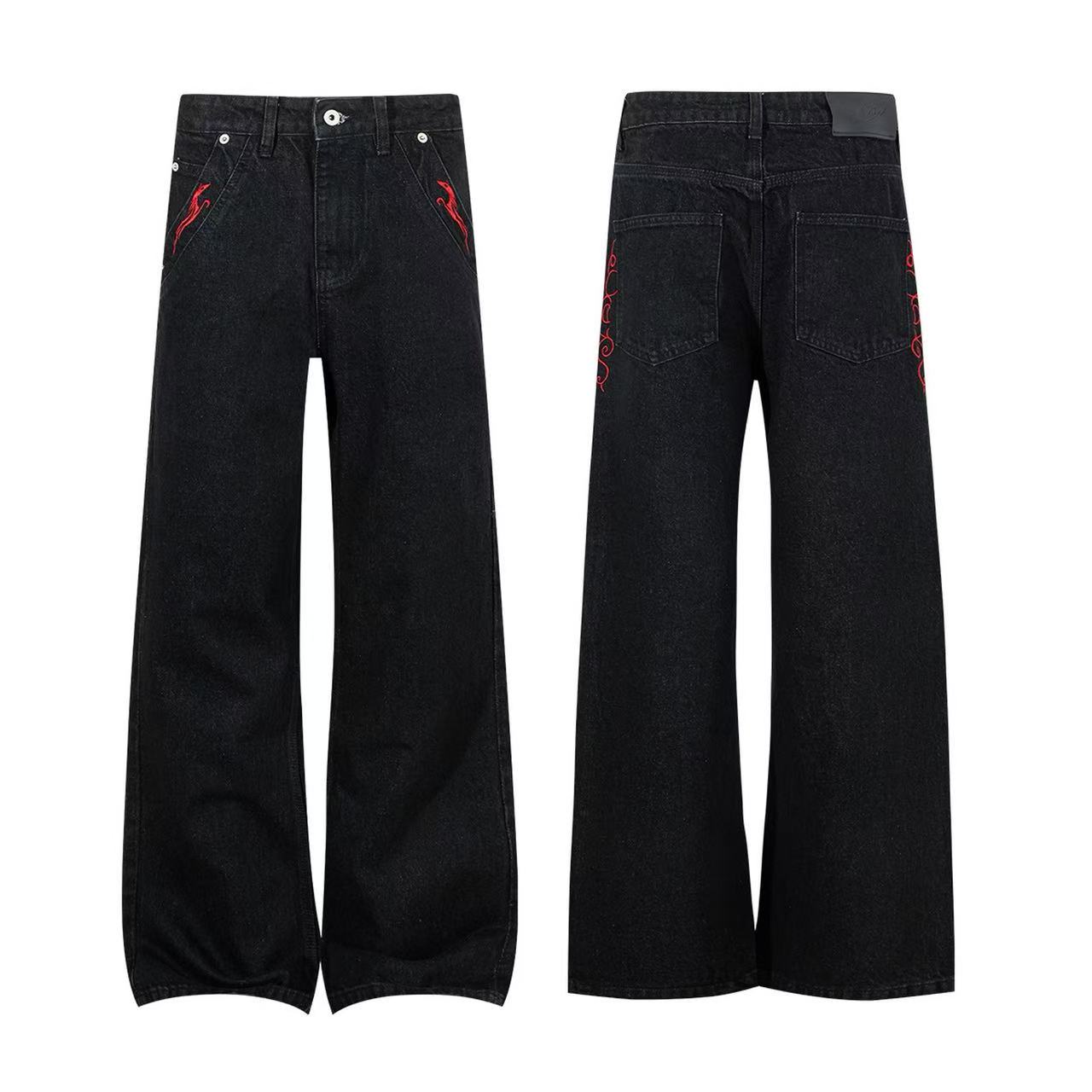 【红色刺绣马纹荆棘】2021M版型原色直筒牛仔百搭不易褪色长裤
