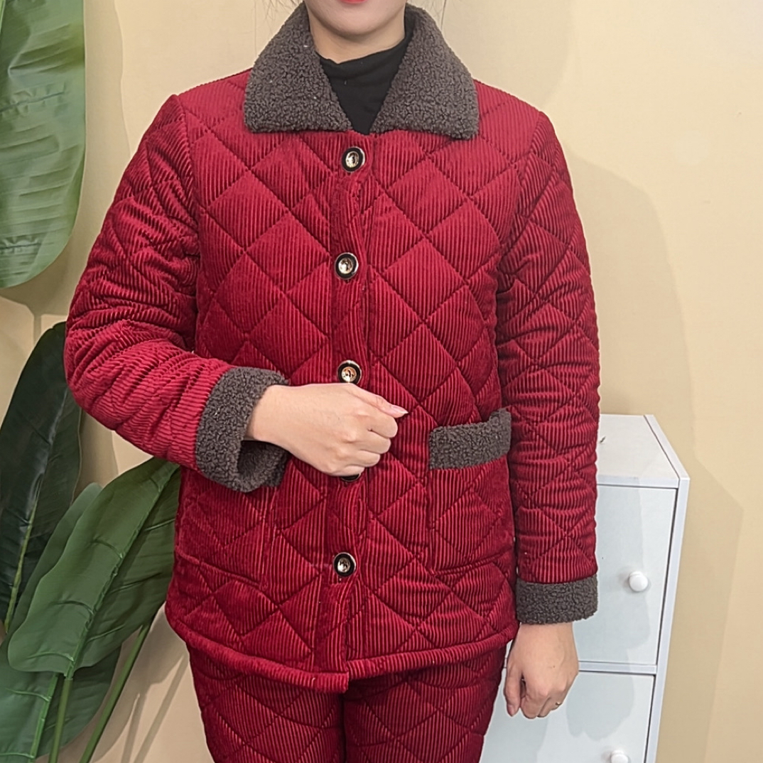 冬季加绒加厚中老年妈妈灯芯绒棉衣棉裤套装