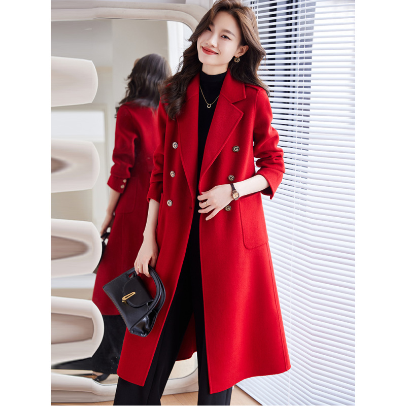 9009红色#正肩大衣双面呢羊绒大衣系腰带修身长款