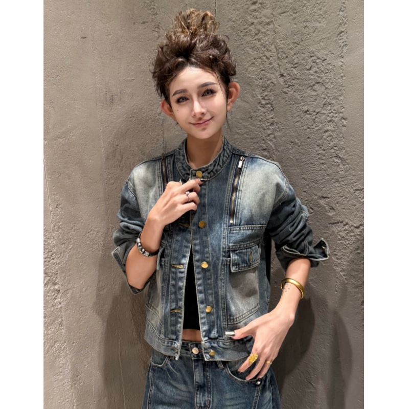 原创时髦街头做旧水洗牛仔外套显瘦拉链外套女春秋百搭外套