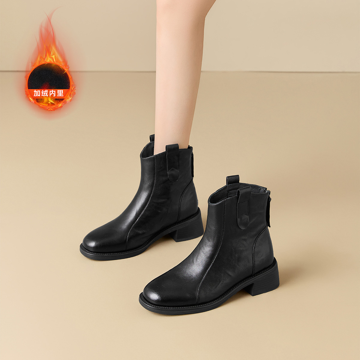 St&Sat/星期六加绒舒适时装靴单靴百搭短靴中跟复古马丁靴粗跟