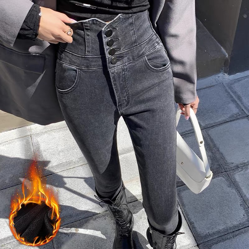 （默认瑕疵，没有运费险）786四排扣加绒加厚弹力小脚牛仔裤