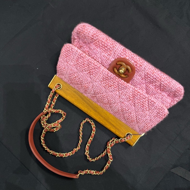 95新 Chanel/香奈儿 夏七中古/香奈儿粉色毛呢衣架包中号