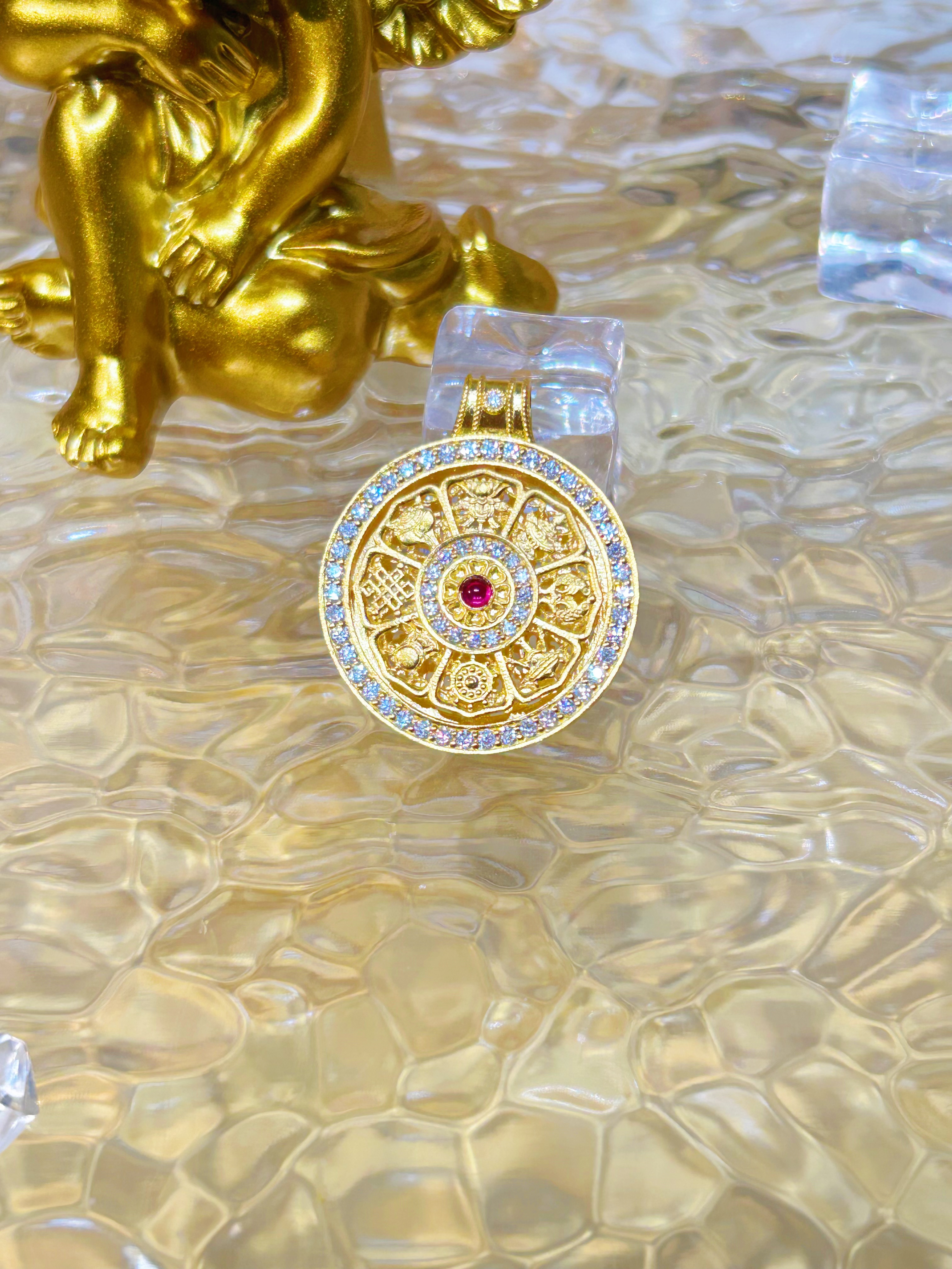 足金999 八宝罗盘吊坠 黄金镶嵌莫桑 5G工艺