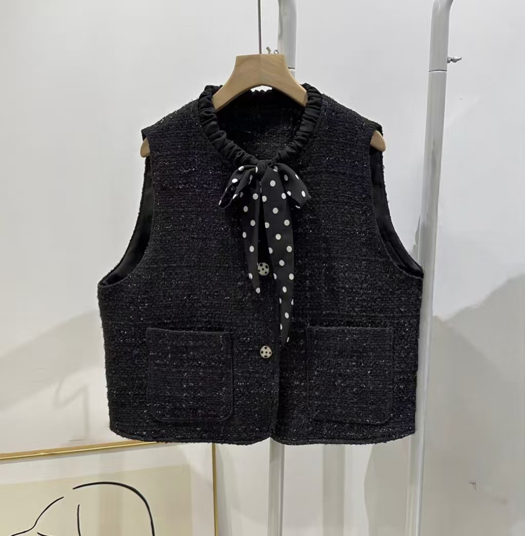 秋冬新款黑色粗花呢减龄小香风亮丝马甲短款无袖波点飘带背心