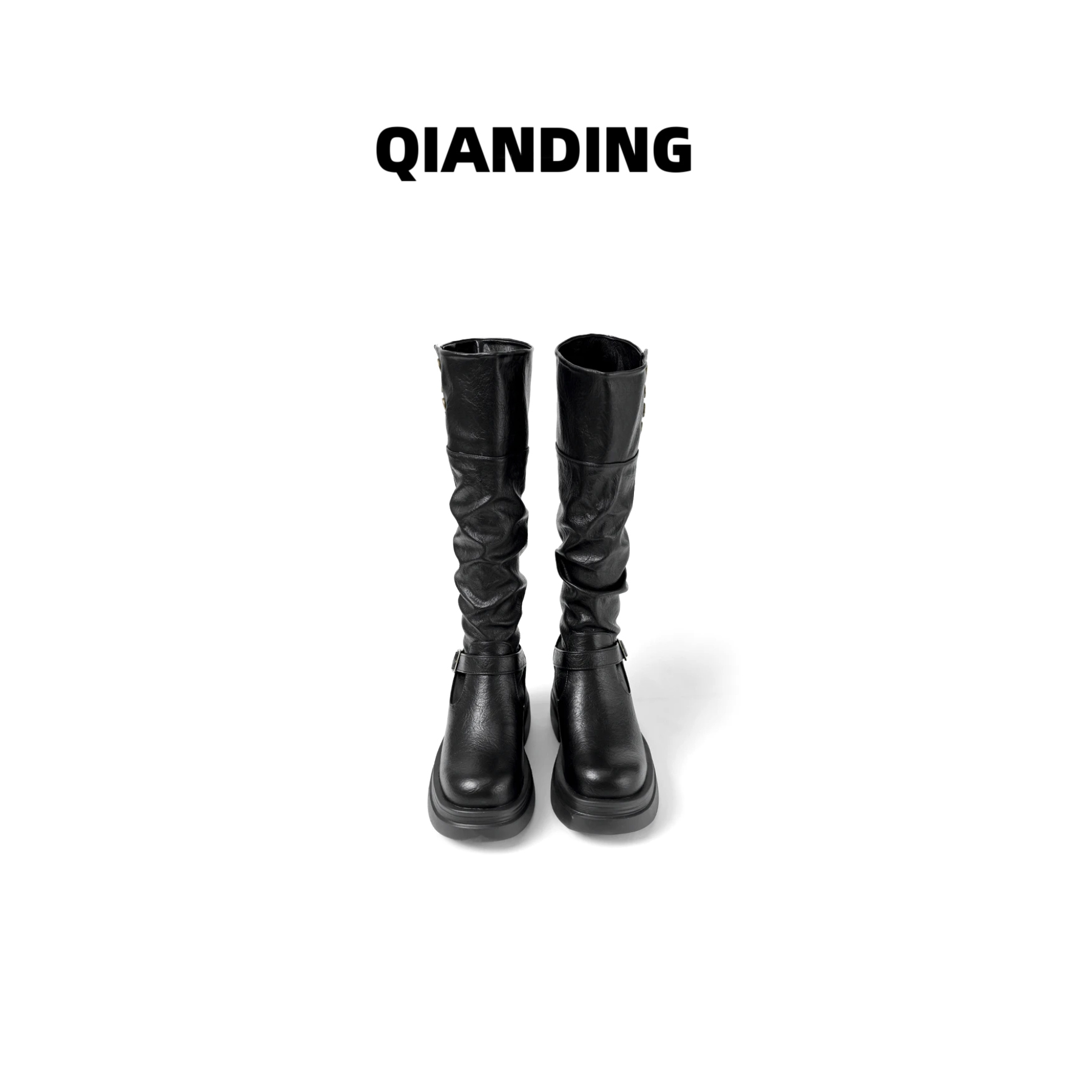 【QIANDING】【拯救小弯腿骑士靴（厚底加绒）】磨砂绒面增高鞋子F335