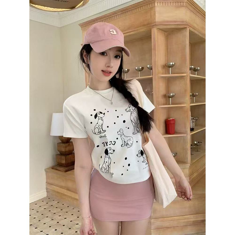 美式原创斑点狗印花正肩重磅短袖T恤女夏季新款圆领上衣