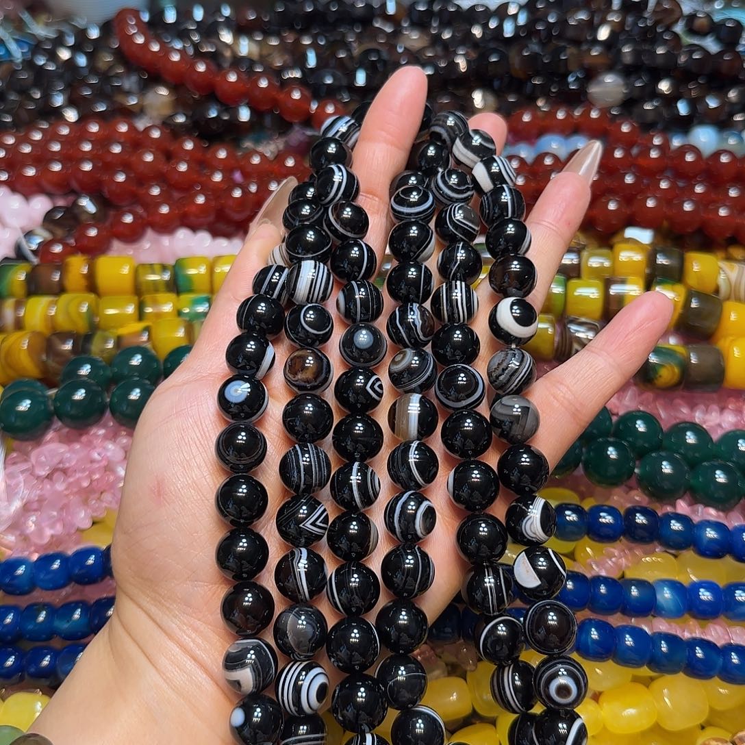 玛瑙/玉髓未镶嵌珠宝半成品12mm黑玛瑙眼睛蚕丝一条