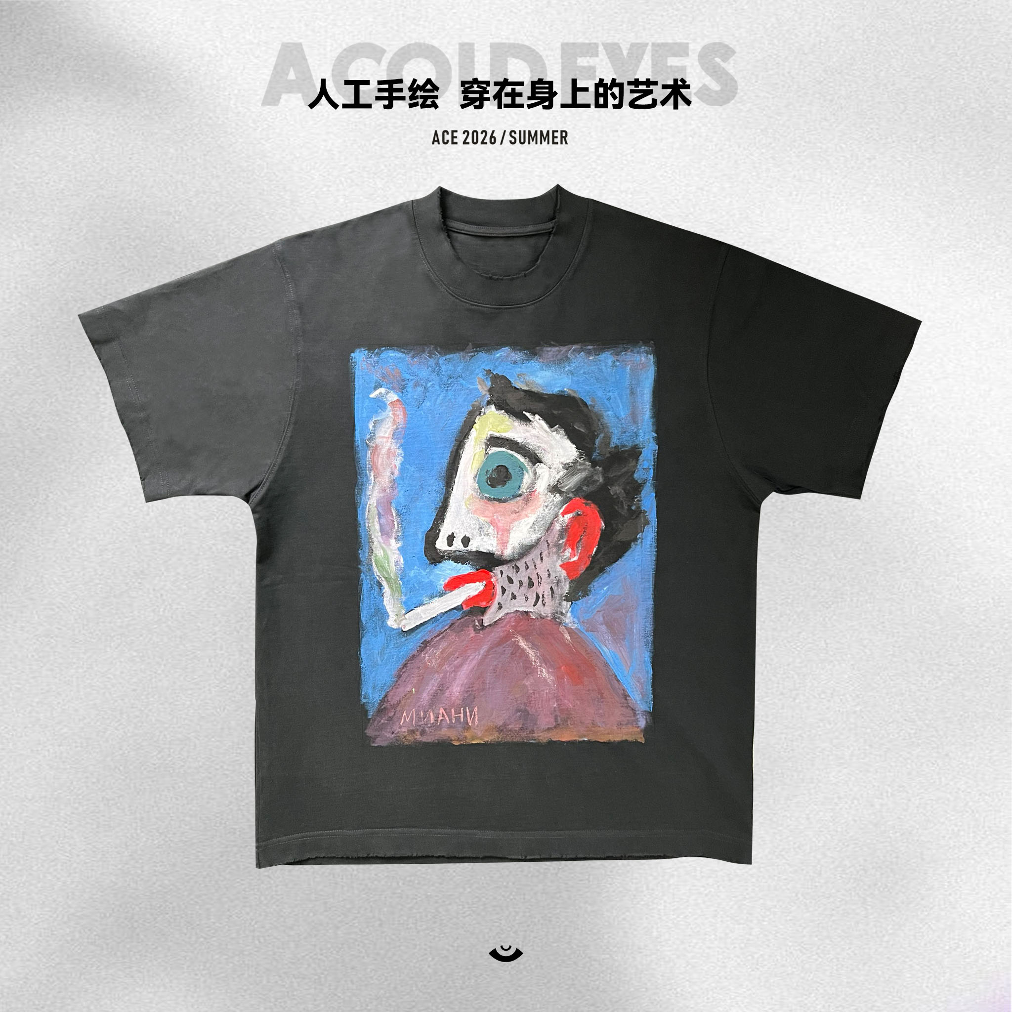 【冷目】380g重磅手绘油画风2号人物宽松圆领短袖T恤男AC-26118