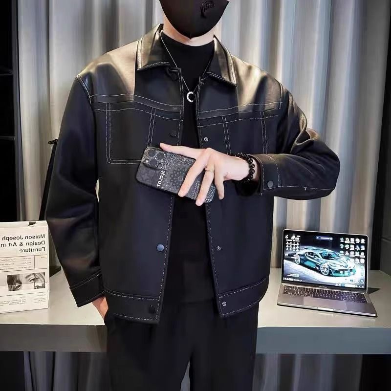 设计感拼接皮料夹克男秋冬款新款修身百搭机车翻领麂皮绒外套