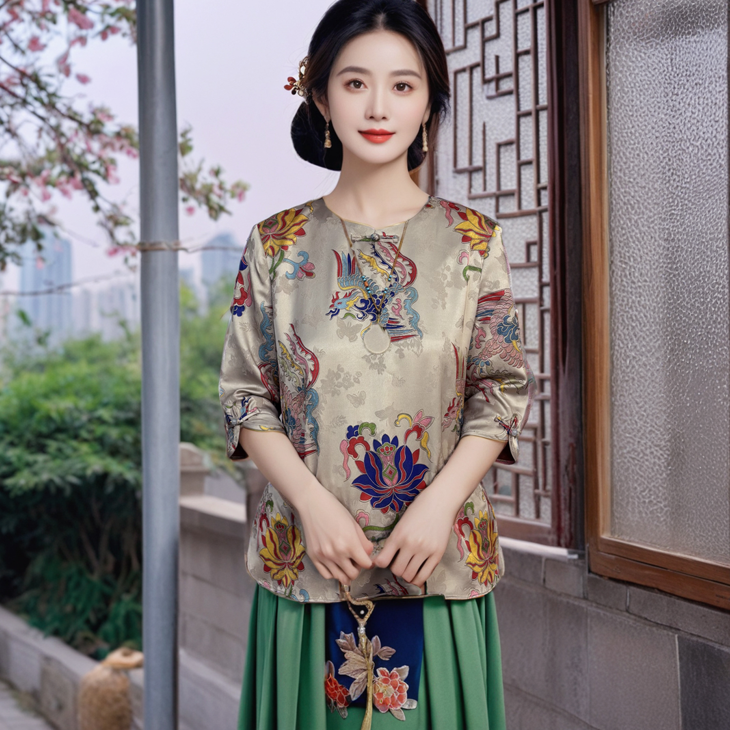 【凤婉】夏季新款新中式凤凰提花圆领宽松遮肉小衫时尚T恤衫12175