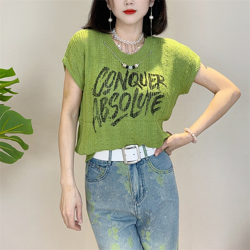 迪否印花圆领短袖针织衫夏季新款美式字母宽松女士上衣2194