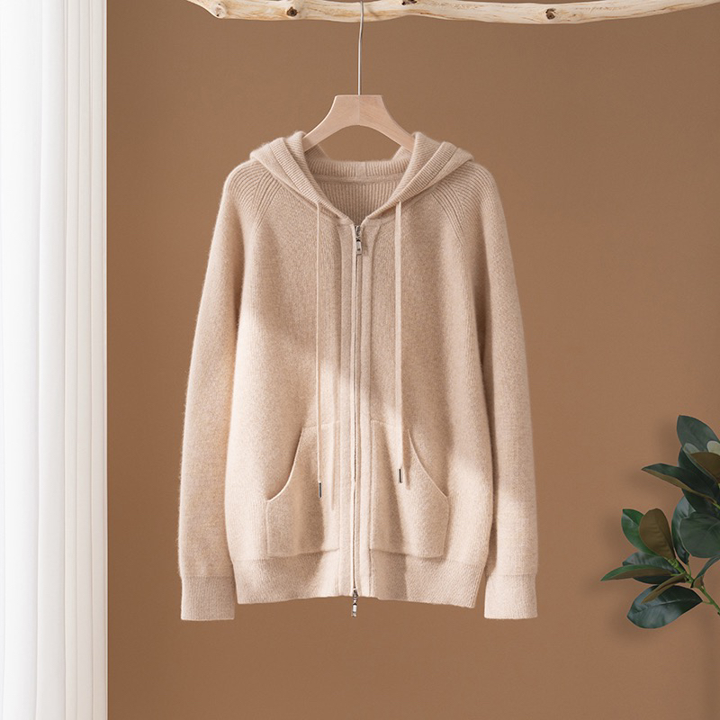 山羊绒元宝针连帽宽松显瘦双头上下拉链开衫加厚针织外套女休闲
