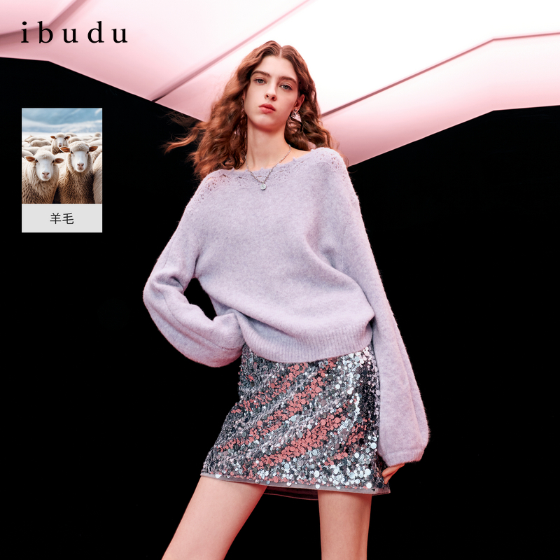 三彩ibudu2026春季新款一字领针织衫镂空毛衫宽松落肩袖女