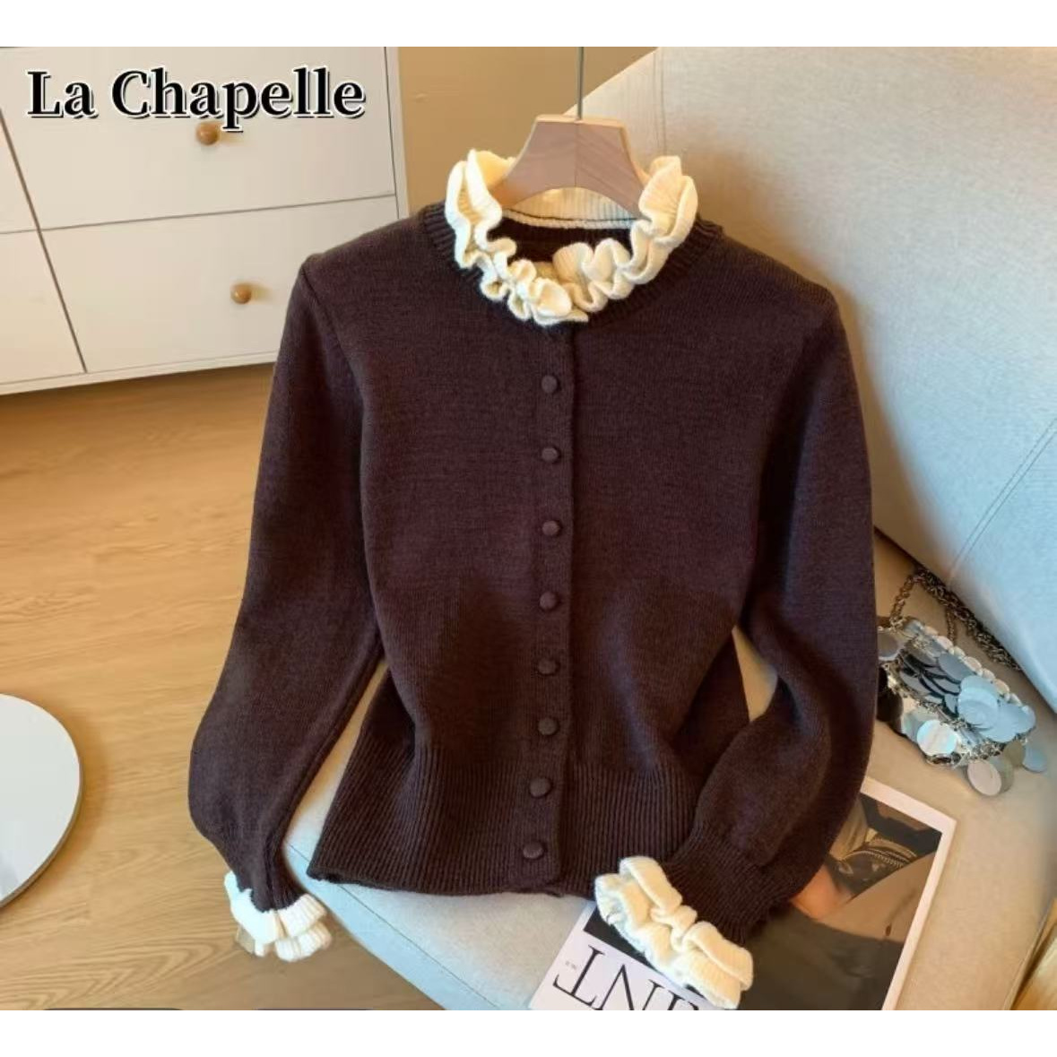 慵懒松弛感花边撞色毛衣女秋冬休闲百搭修身针织开衫上衣