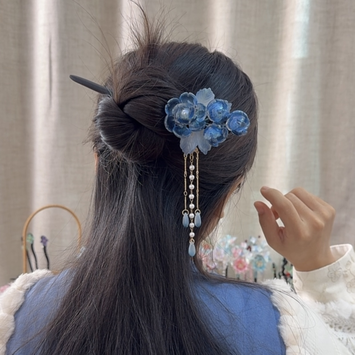 918蓝色琉璃木簪发饰汉服古风旗袍盘发头饰簪发花朵