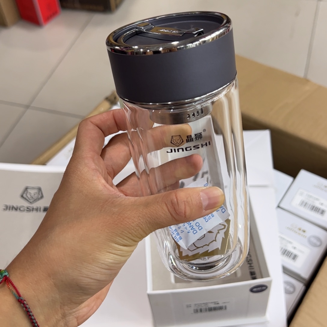 晶石双层玻璃杯280提环灰色玻璃杯280ml