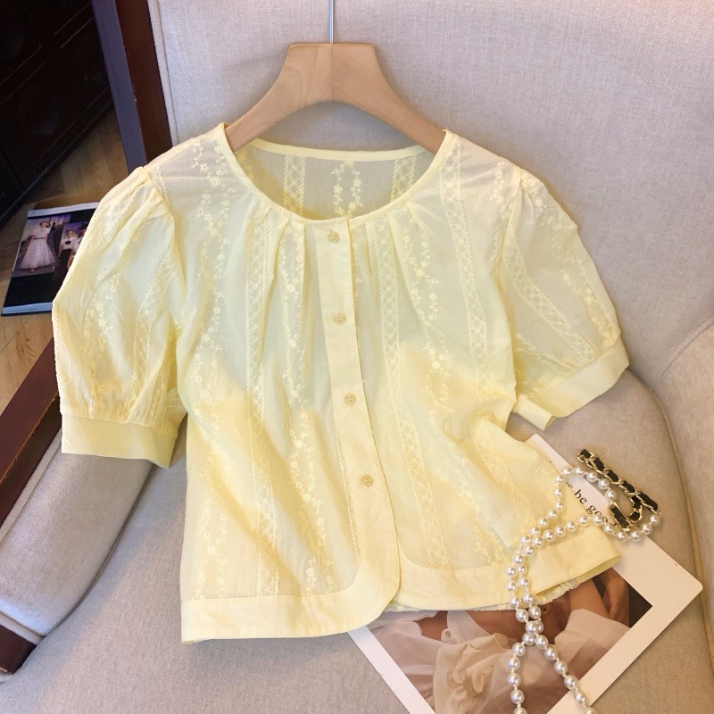 韩系重工刺绣提花短袖衬衫2025夏季新款女时尚减龄气质甜美小衫潮