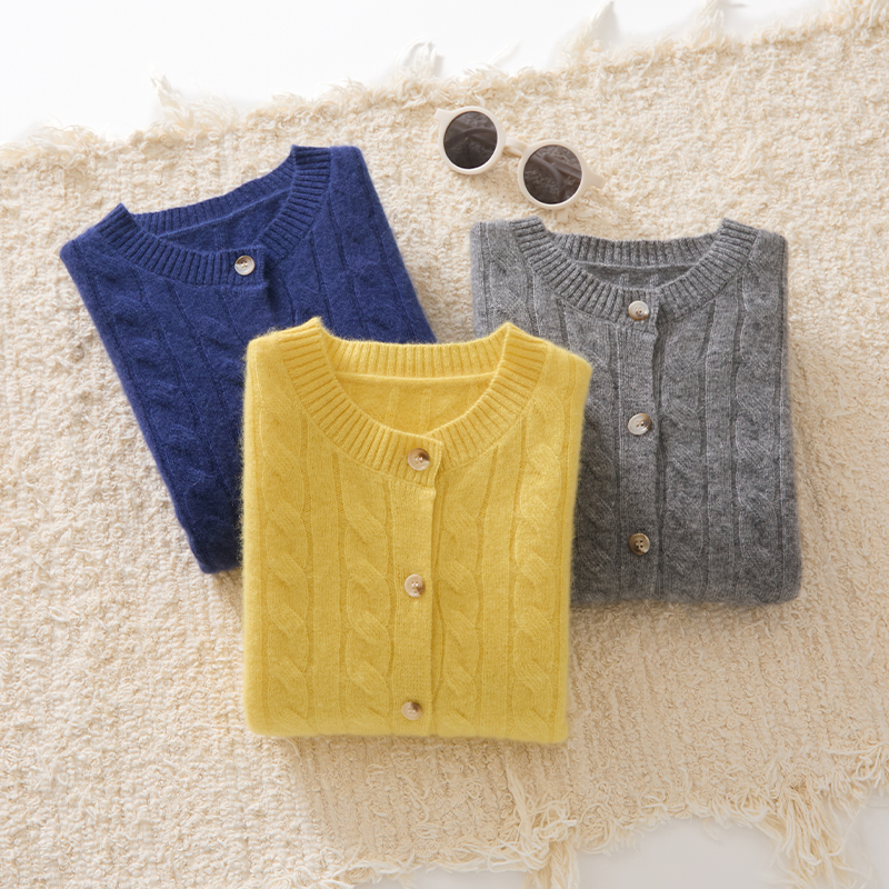 【山羊绒】男女儿童麻花开衫山羊绒纯色针织休闲毛衫外套