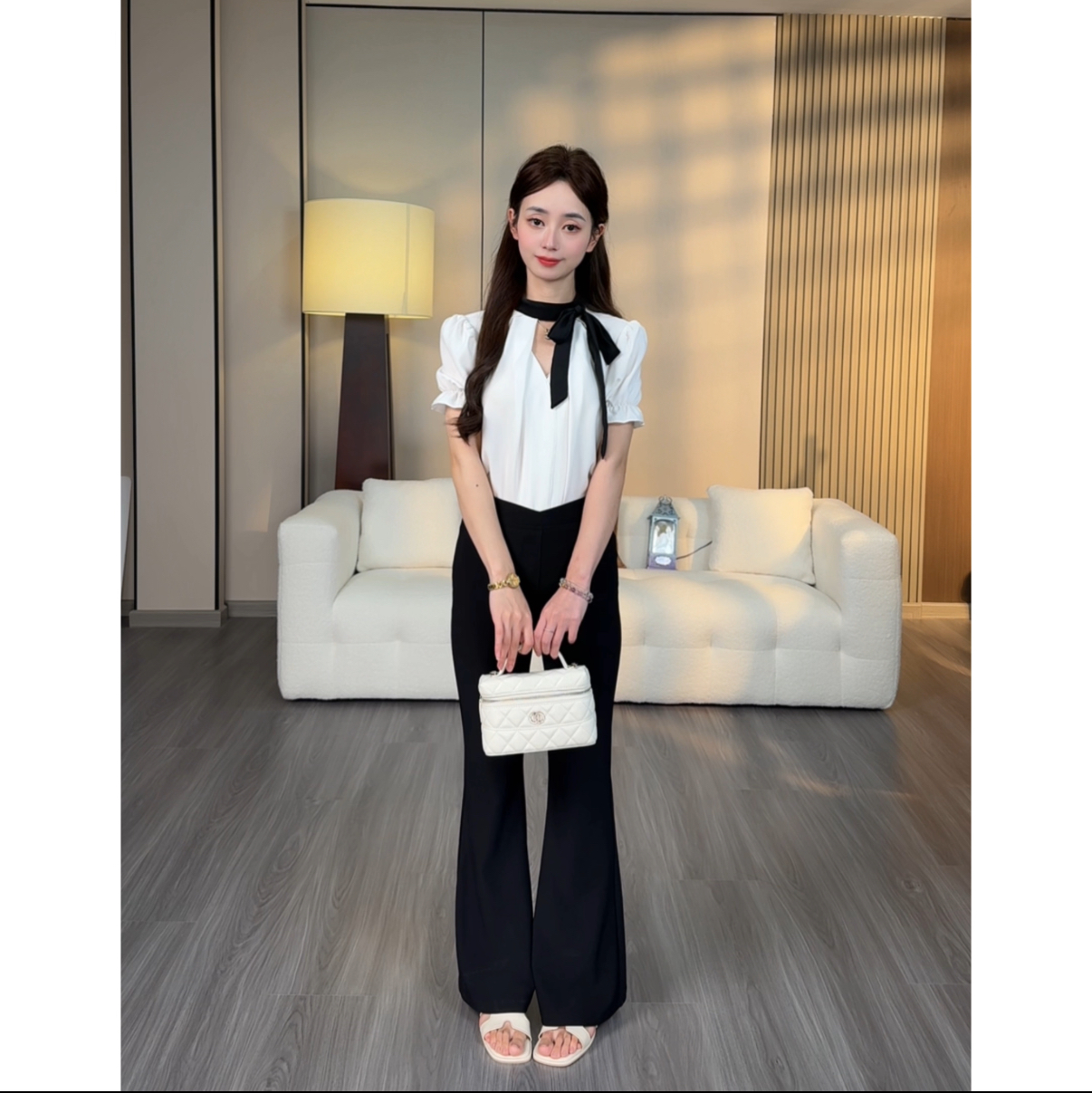 2025小个子定制赫本风蝴蝶结v领衬衫微喇裤套装XF002