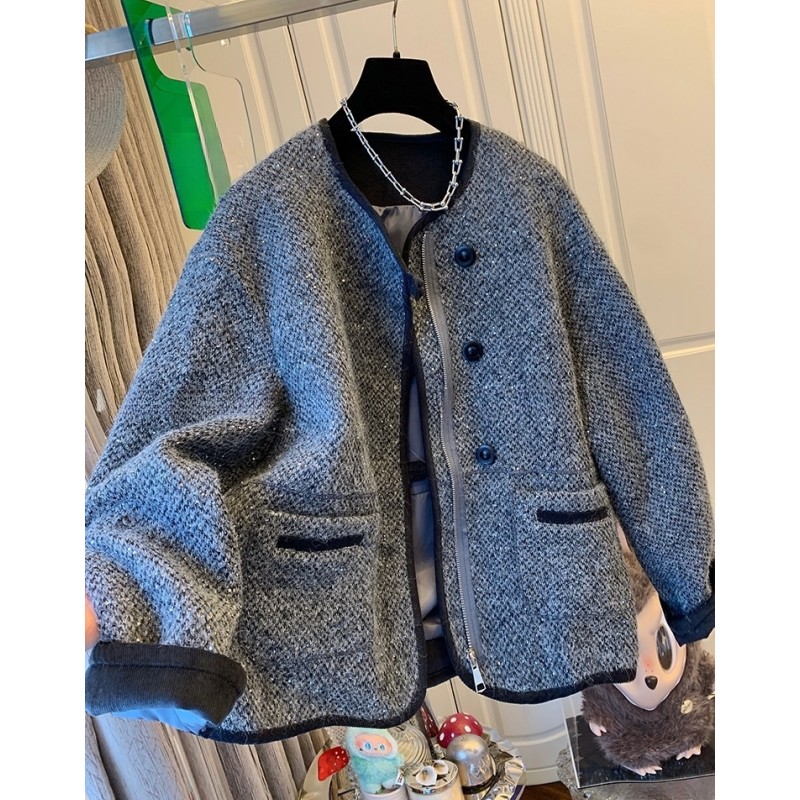 P0542高级时尚感小香气质亮片编织外套宽松加厚上衣女装秋冬新款