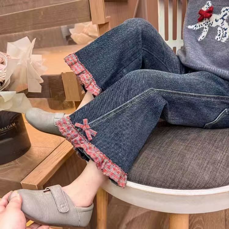 女童格子花边牛仔裤秋季2025新款儿童洋气时髦秋装百搭休闲裤裤