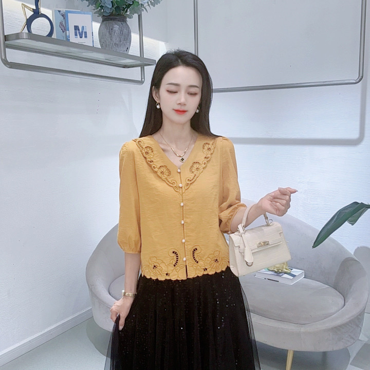 A8637夏季新款V领衬衫女洋气百搭气质减龄上衣