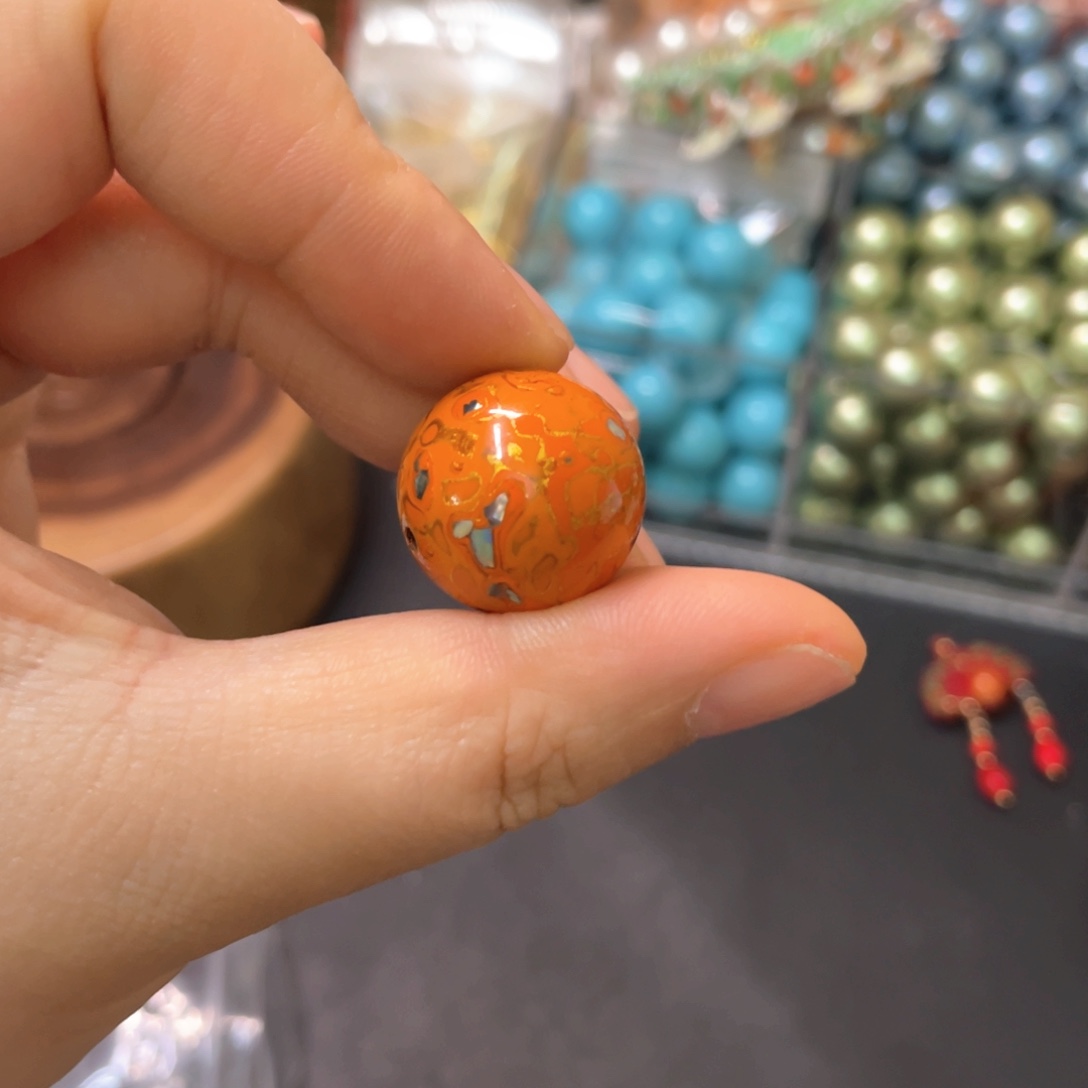 糖***果20mm橙色螺钿镶嵌大漆手工半成品散珠