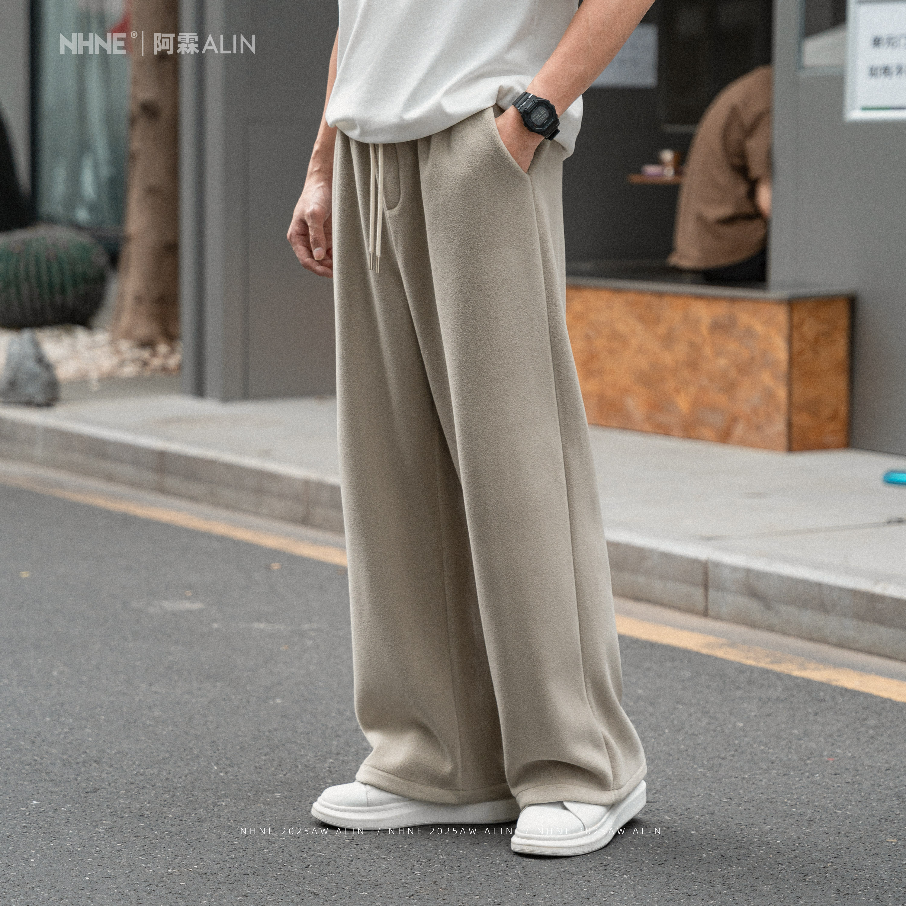 NHNE「暖冬双面绒」秋冬纯色加厚宽松微阔直筒裤简约百搭休闲长裤