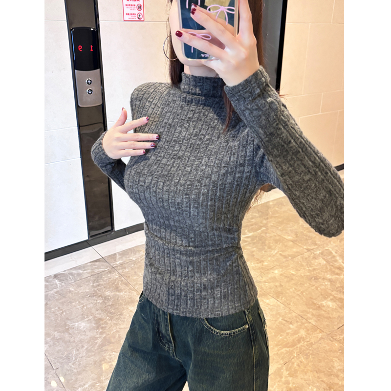 半高领设计感抽褶秋冬紧身内搭磨毛T恤女洋气紧身柔软保暖打底衫