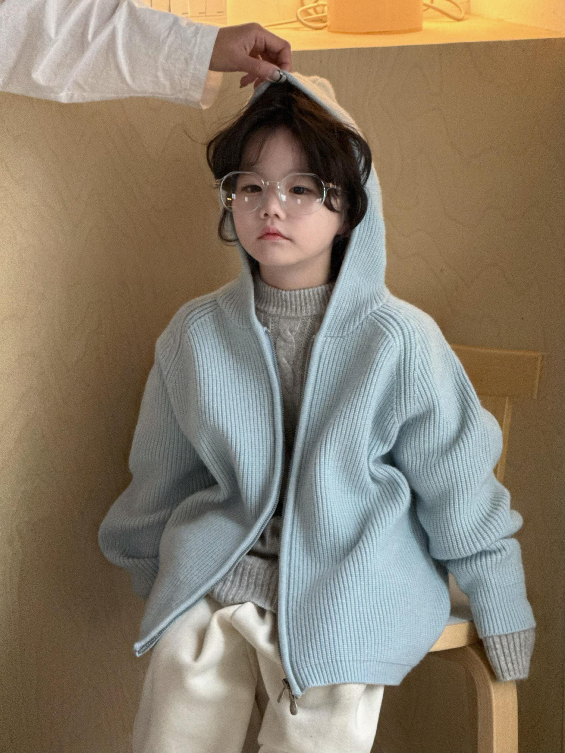 冬季【绵羊毛混纺】连帽双拉链 插肩袖针织开衫 男女童毛衣外套8071