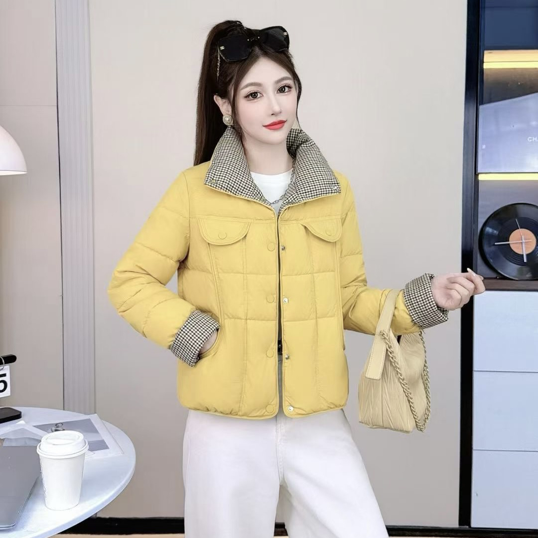 （芬芬家）新款时尚韩版潮流冬季保暖格子撞色拼接立领棉服外套2830