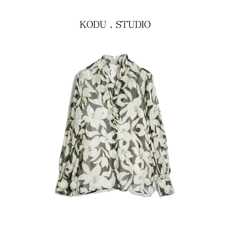 【双11大促刻度KODU】01-BL772花边领印花时尚显瘦百搭长袖花色衬衫