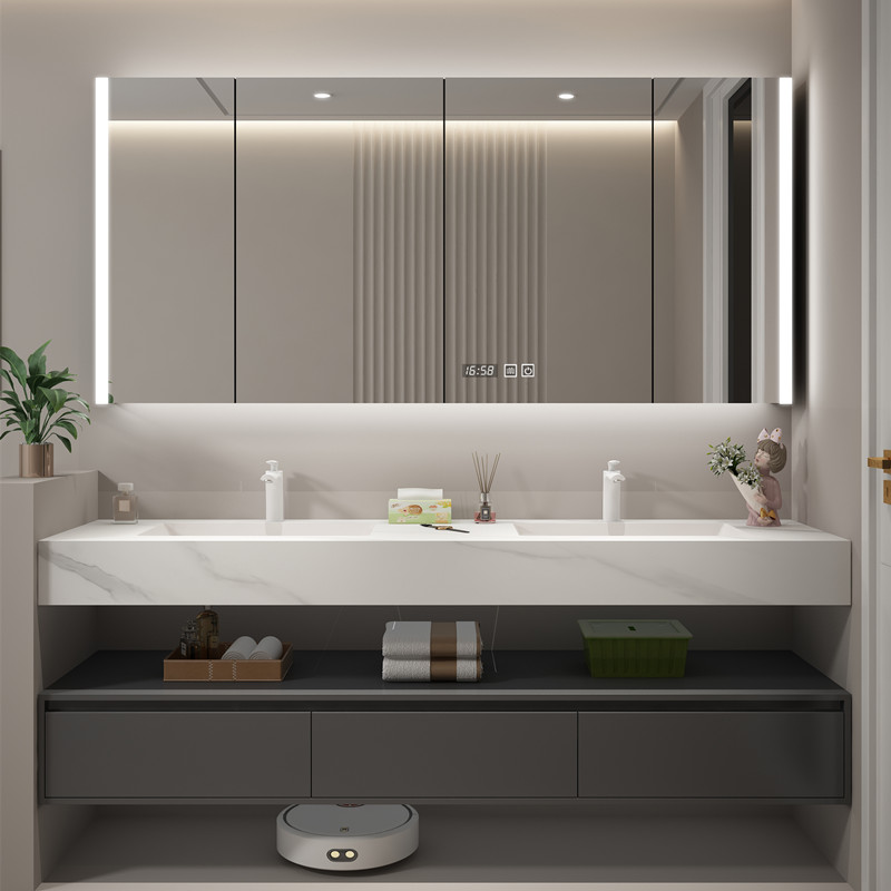 智能镜柜岩板无缝一体双盆浴室柜组合卫生间洗漱台洗手脸盆卫浴柜