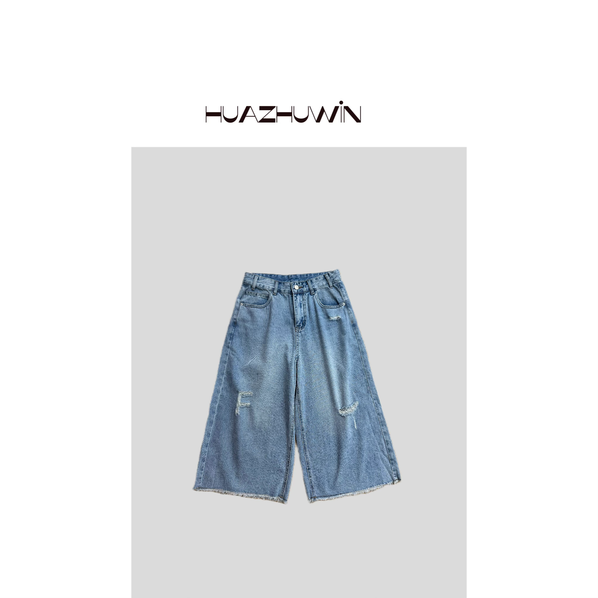 HZ-薄款毛边破洞休闲牛仔中裤