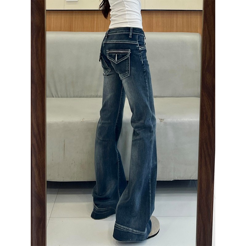 美式牛仔裤女2025年秋季新款复古水洗蓝拖地辣妹弹力低腰微喇裤子