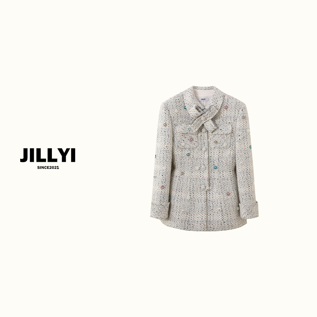 jillyi【冬季宝石】浅灰色领口绑带蝴蝶结重工时尚外套秋季百搭
