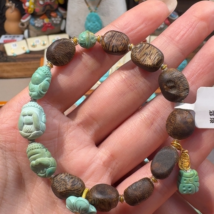 绿松石18K金镶嵌手串三不佛