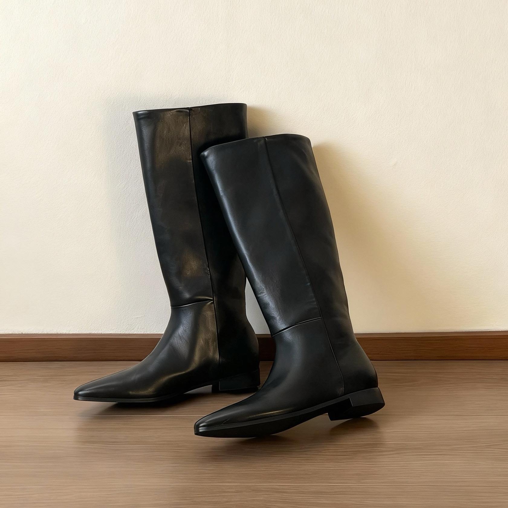 HUSSLOVE 牛皮·跟高2.5CM·时尚气质百搭粗跟尖头骑士靴极简长靴