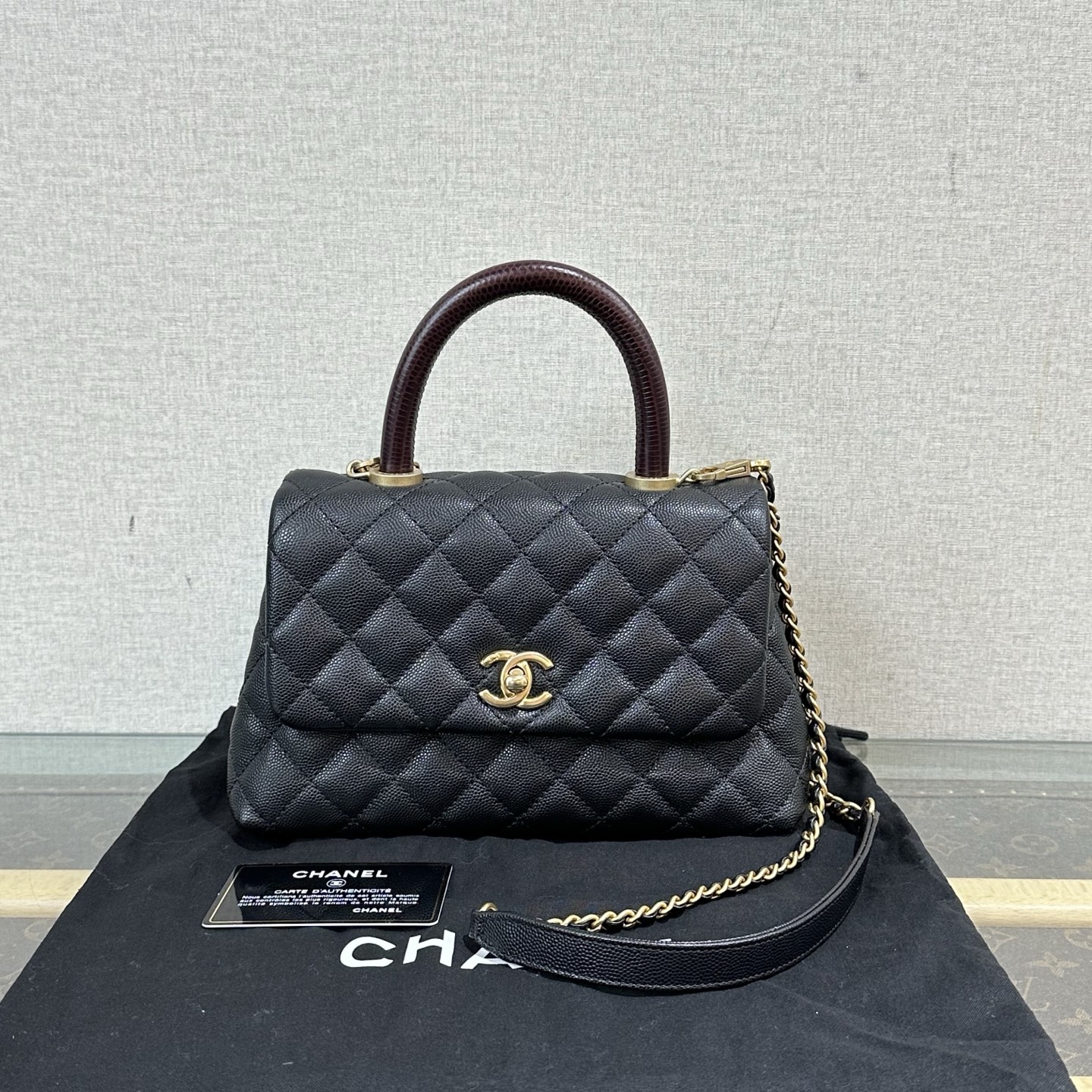 95新 Chanel/香奈儿 黑金荔枝牛皮Cocohandle小号肩包 02072
