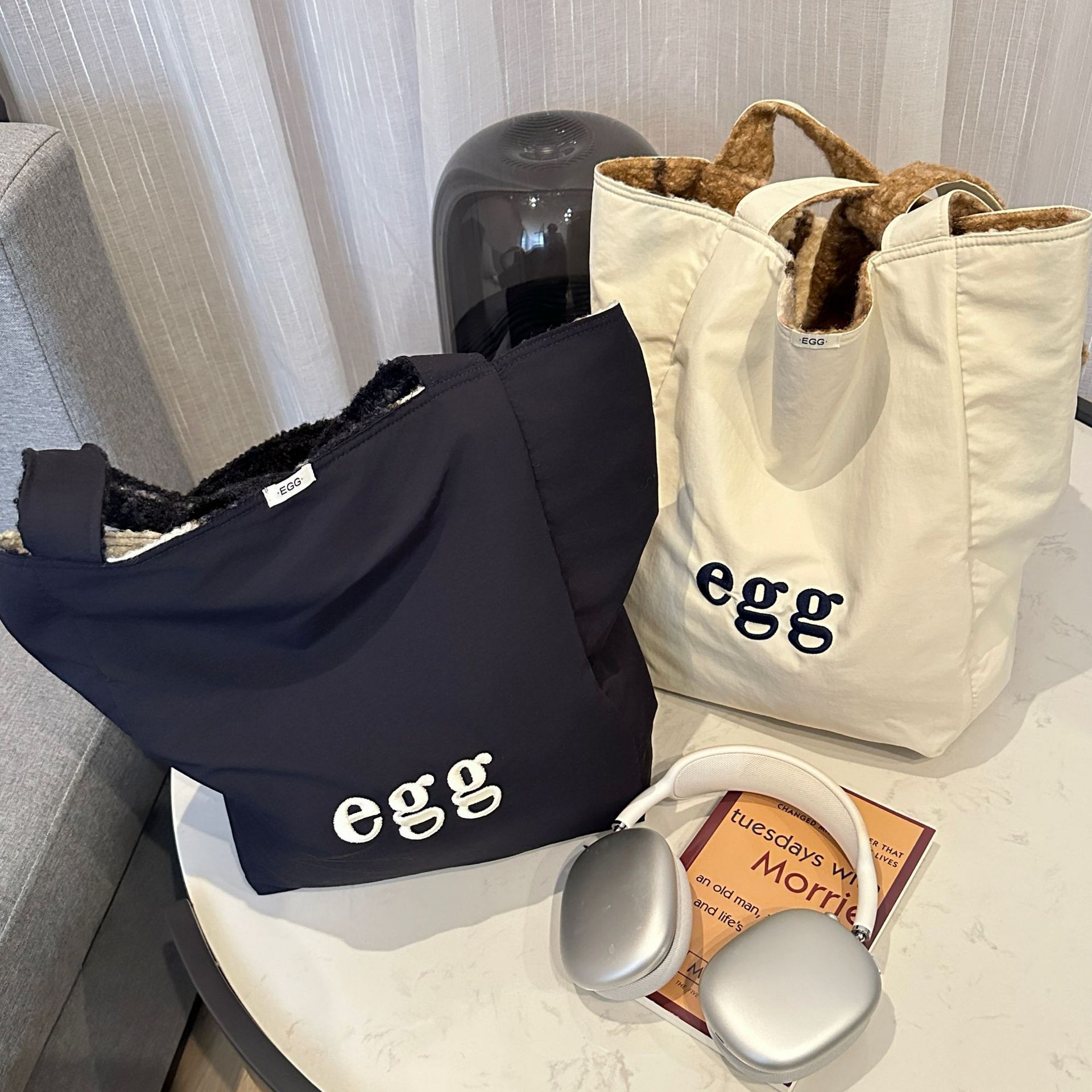egg韩式2025新款ins风双面可背刺绣帆布包单肩包慵懒逛街通勤托特