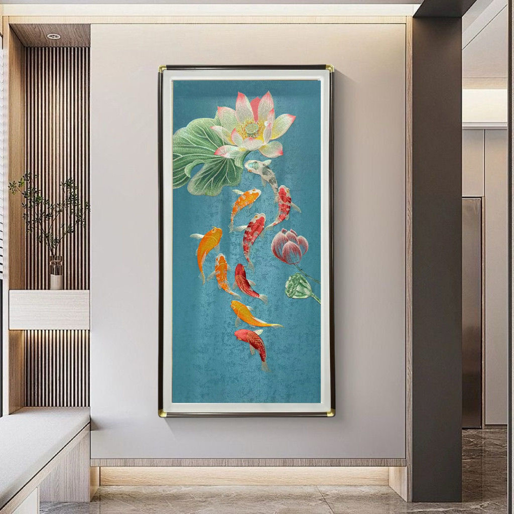 织锦绣荷花九鱼图装饰画高档新中式苏绣入户过道挂画刺绣聚财锦绣
