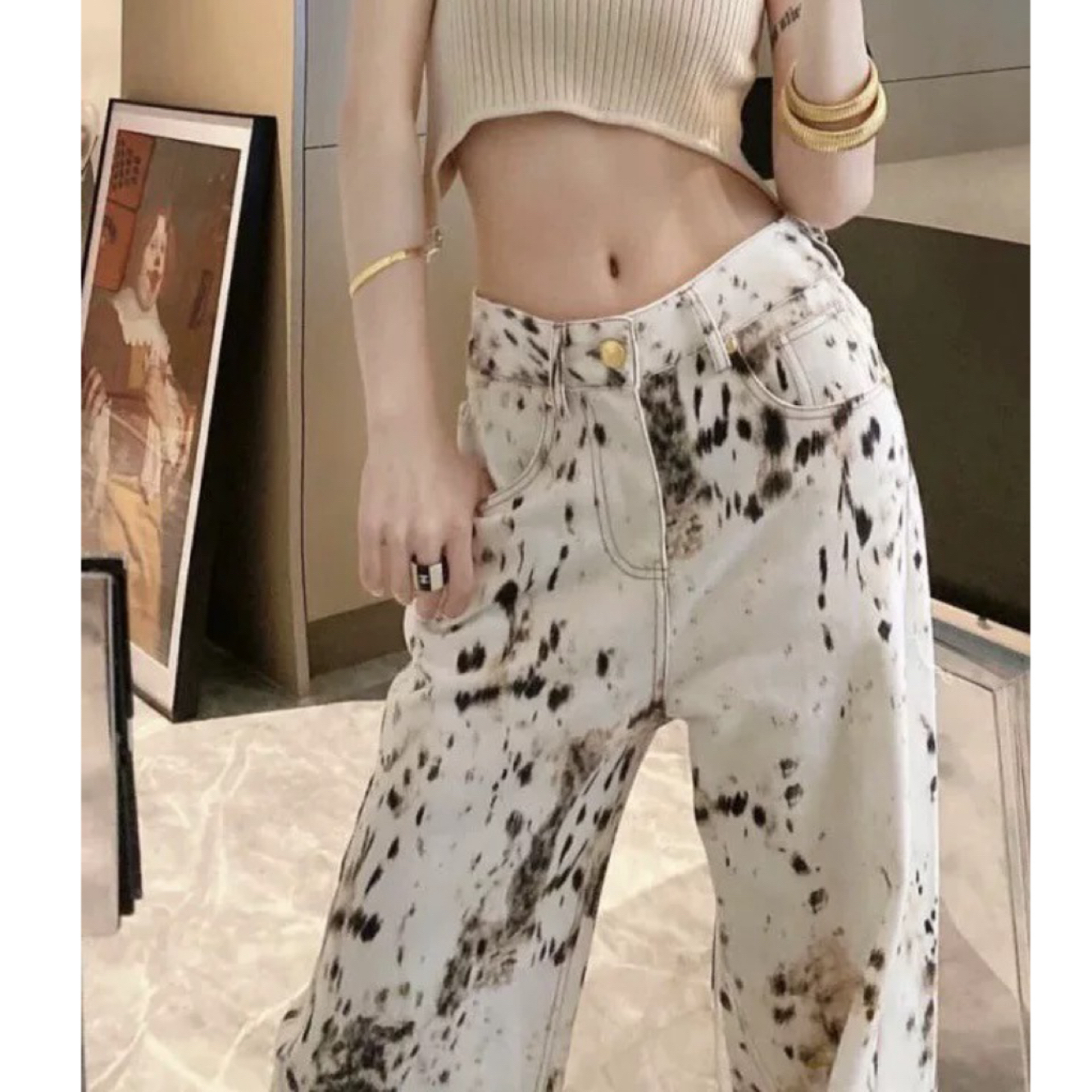南油断码清看回放-秋季美式高街豹纹复古宽松直筒高腰牛仔裤LZ30
