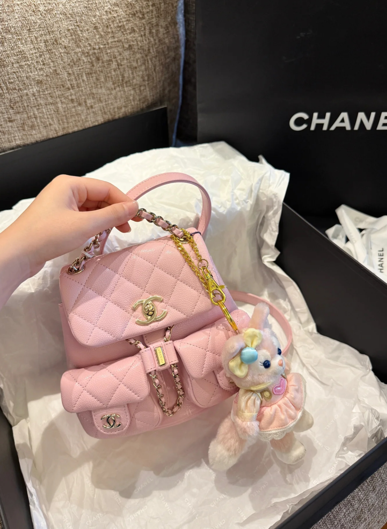 Chanel/香奈儿【全新代购】25p duma牛皮双肩包 小号樱桃粉色 