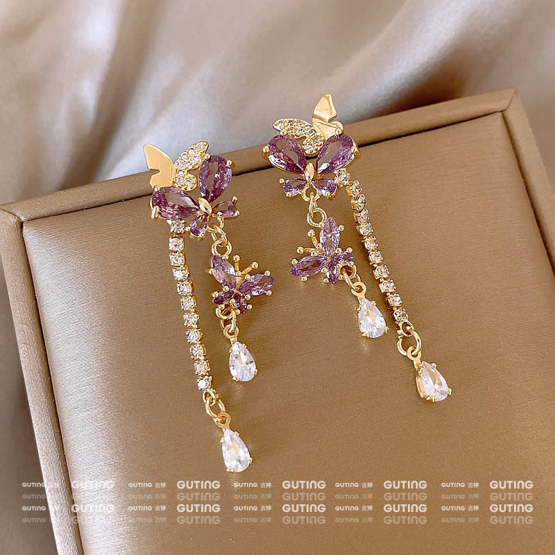 铜合金合成锆石耳饰 20392精致高奢紫色蝴蝶耳环春夏清冷感流苏