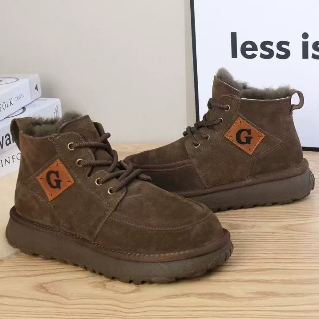 5806.～【赠羊毛垫】男款牛皮羊毛雪地靴 防滑轮胎底