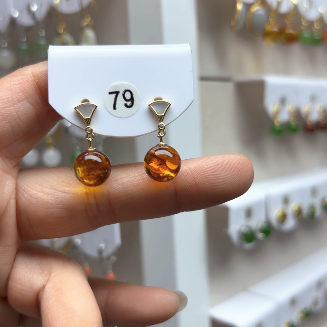 琥珀（花珀）耳饰银S925镶嵌花珀