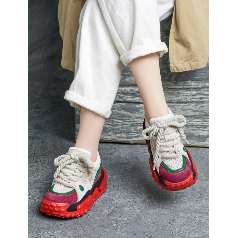 2025春季新款真皮圆头英伦风系带时尚厚底休闲轻便老爹鞋冬季