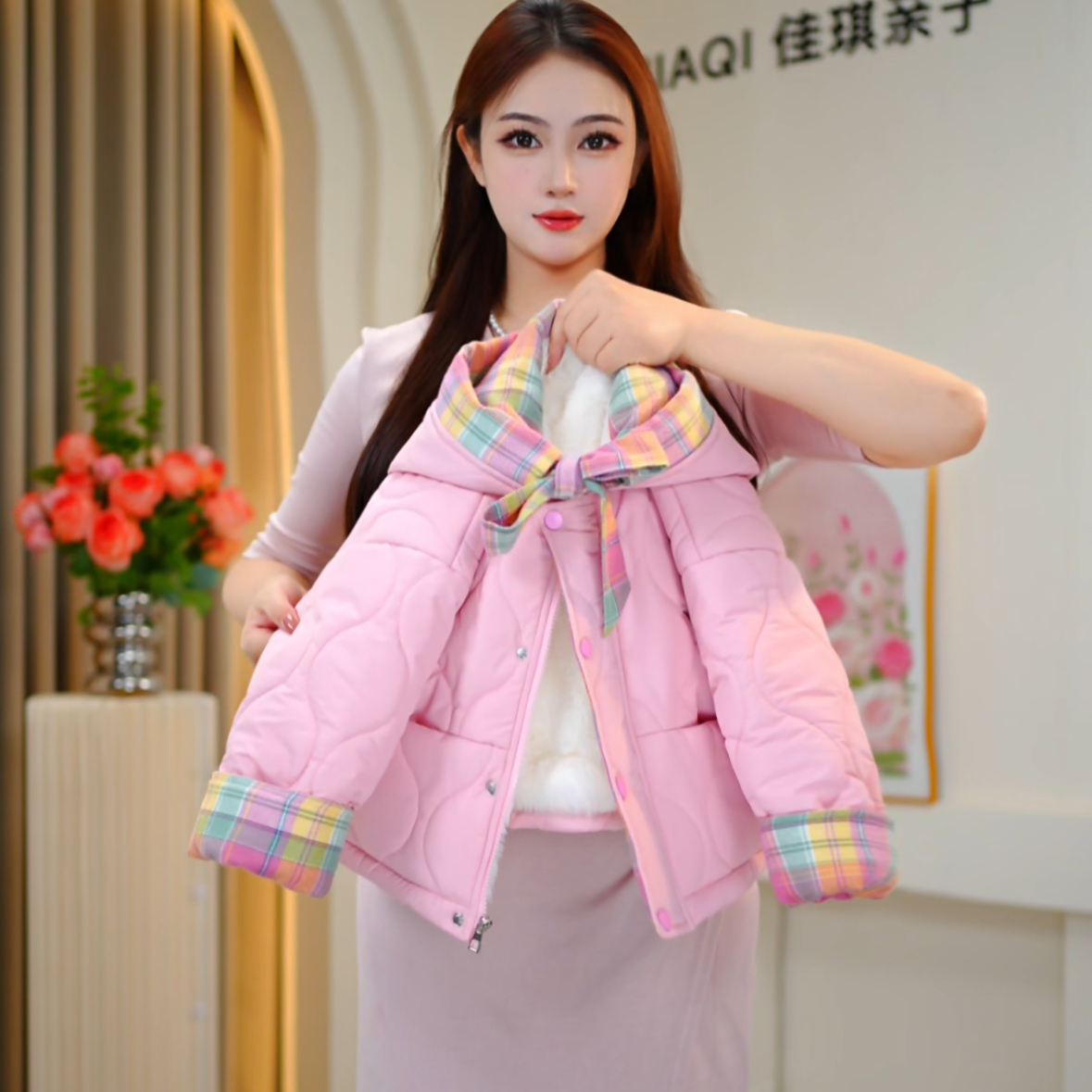 【佳琪妈】2025极寒系列粉色彩虹格子加棉加厚连帽棉服女童-7143#