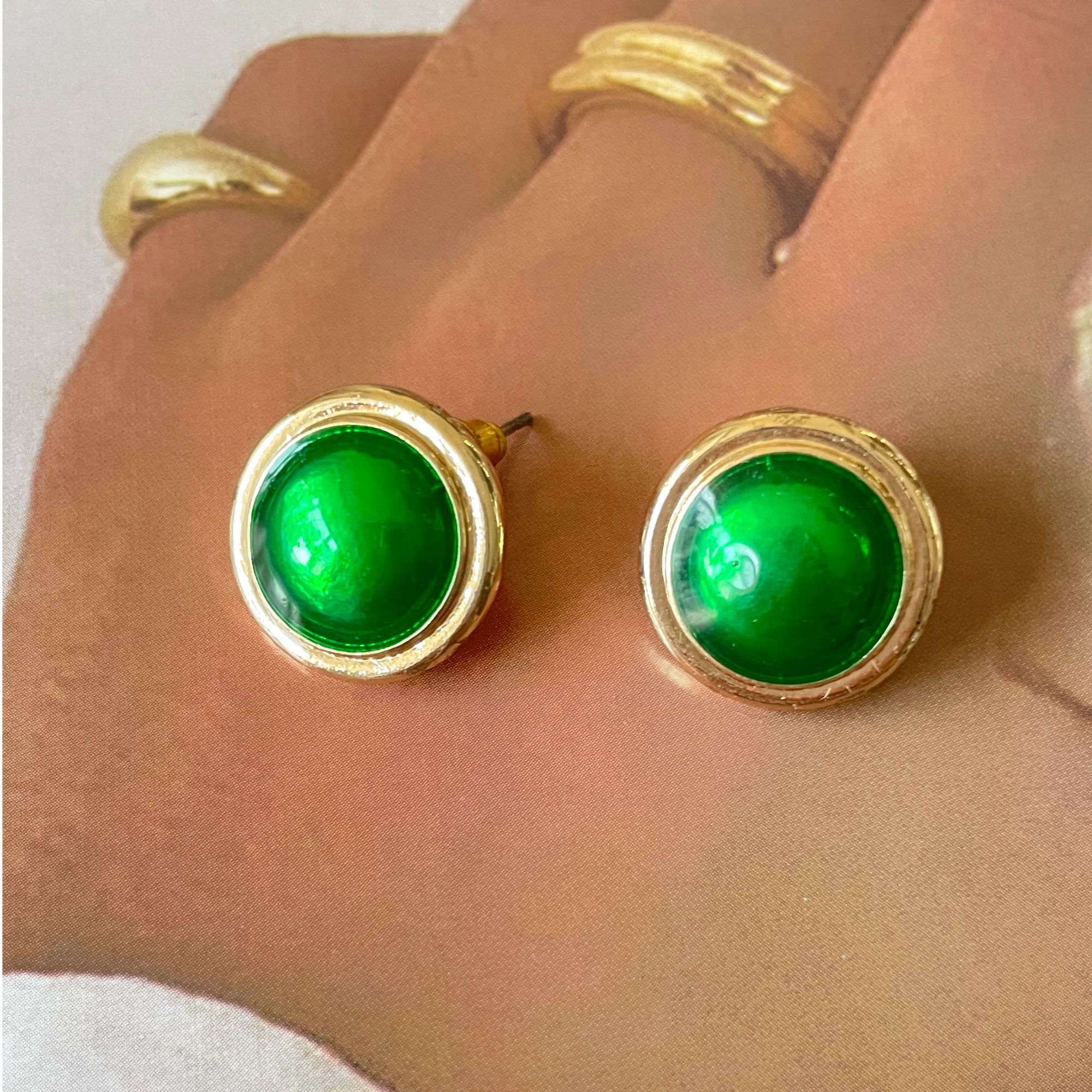 铜合金珐琅耳饰 圆形绿色滴釉耳钉气质时尚百搭复古精致优雅简约